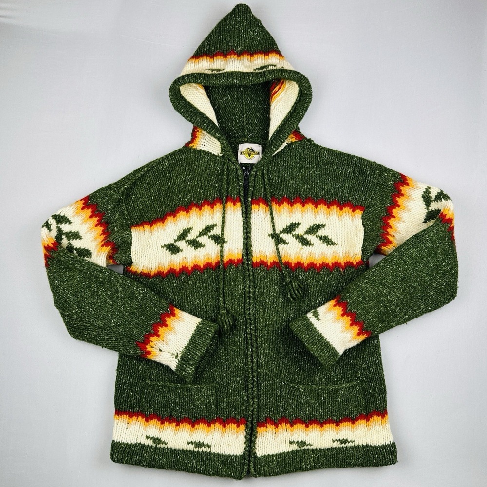 Vintage Earth Ragz Knit Full Zip Hooded Sweater Green Size L